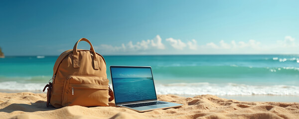 Laptop, backpack resting on sandy beach shore, with turquoise ocean waves, clear blue sky. Represents digital nomad lifestyle, remote work, freedom, technology integrated with nature, leisure.