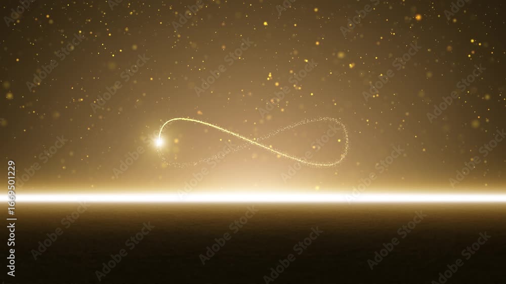 Aufkleber infinity symbol on golden background with ground and flying particles loop motion background.mp