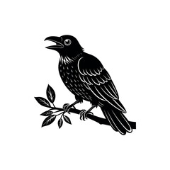 Elegant monochrome image of a raven perched on a leafy branch Silhouette vector