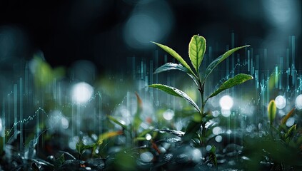 A vibrant sprout emerging from a bed of foliage, with overlayed financial data visualizations
