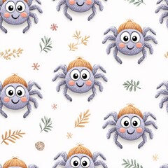 Fototapeta premium Cute Purple Cartoon Spiders Seamless Pattern with Pastel Leaves