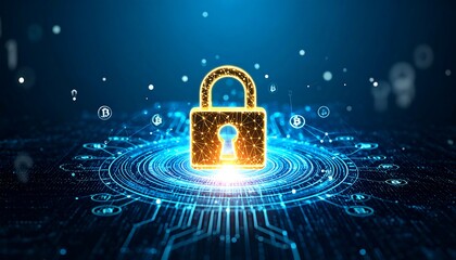 Glowing Digital Padlock Symbolizing Cybersecurity and Bitcoin Protection on Blue Background