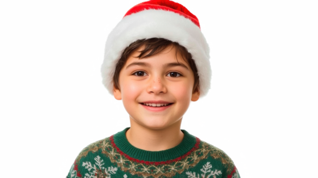 Smiling boy with Santa hat and Christmas jumper on transparent png background