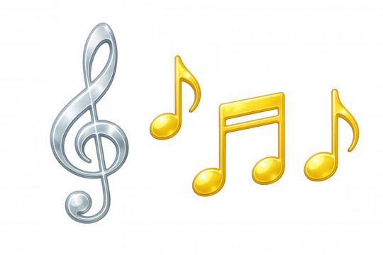 Silver treble clef and golden musical notes are representing music, harmony, and sound, creating a visually appealing design on a transparent background