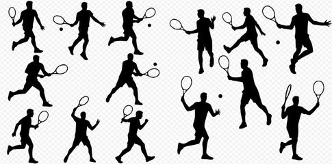 Multiple silhouettes of tennis players in various action poses, hitting balls with rackets.