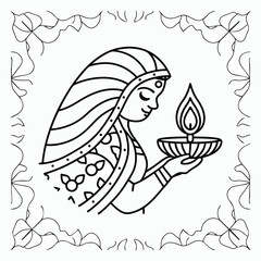 Indian Woman Diya Lamp Festival Culture Tradition Celebration Spiritual vector illustration