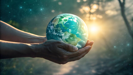 Hands cradling the Earth, symbolizing care and protection of our planet amidst a serene, sunlit natural environment.