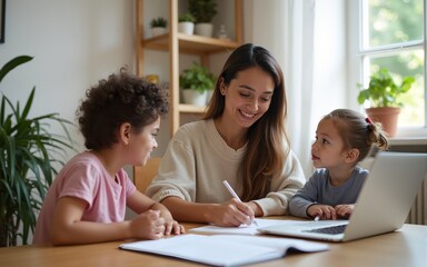 Busy woman working at home with kids sitting nearby. High quality