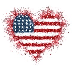 Fireworks shaped like hearts, bursting over the USA flag, isolated PNG
