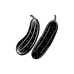 Two fresh cucumbers depicted in a simple black and white graphic Silhouette vector