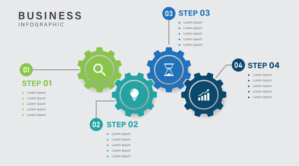 4 Step Gear Business Infographic Diagram with Icons and Text Boxes