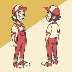 Cartoon Character Design in Red Overalls and Cap