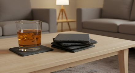 Dark gray slate coasters arranged on a light wooden coffee table in a modern living room. A glass of amber liquid with ice cubes is placed on a coaster.
