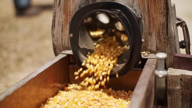 Wooden corn sheller with kernels flowing