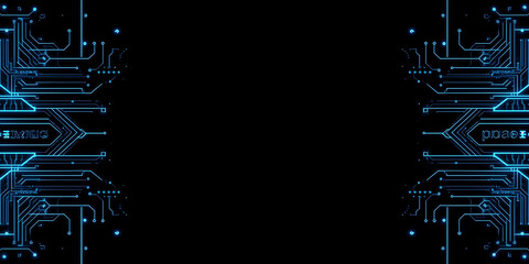 digital illustration features a futuristic, high-tech circuit board design with intricate blue patterns, a sleek black background, and glowing dots, evoking technology and innovation.