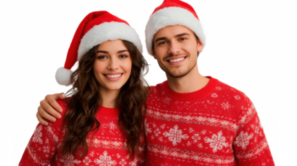 Couple wearing Santa hats and Christmas sweaters on transparent png background