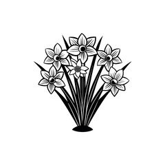 Elegant Monochrome Daffodil Bouquet Illustration with Bold Outlines and Detailed Petals Silhouette vector