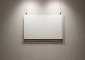Empty display frame with neutral backdrop in a museum/gallery setting. Blank canvas with acrylic frame hung on textured wall.