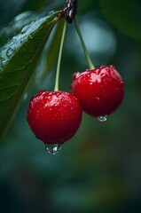 Two bright red cherries with water droplets hanging from a branch