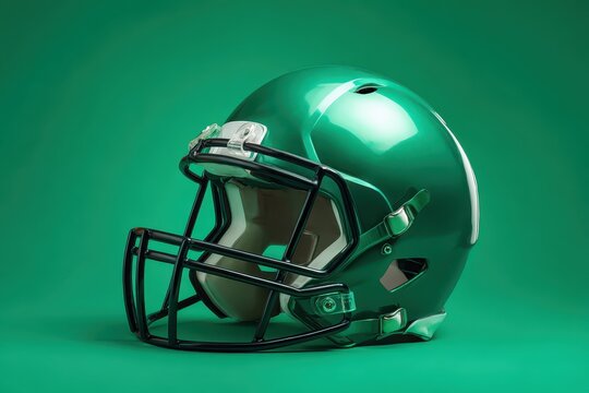 Green football helmet displayed against a solid green background, showcasing a vibrant design ideal for sports enthusiasts and team spirit