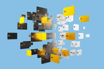 Large group of gold credit cards on blue background. 3d rendering illustration