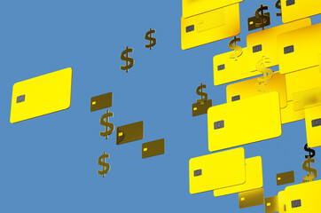 Large group of gold credit cards on blue background. 3d rendering illustration