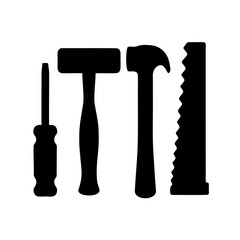Black silhouettes of screwdriver, mallet, hammer, and saw on white background