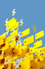 Large group of gold credit cards on blue background. 3d rendering illustration