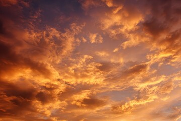 Obraz premium Majestic sunrise painting the sky orange with fluffy clouds in a breathtaking display of nature's beauty at dawn over the horizon