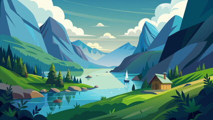 Vector art of a breathtaking mountain landscape with a tranquil lake, lush forests, a charming cabin, and a sailboat peacefully sailing on the water
