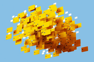 Large group of gold credit cards on blue background. 3d rendering illustration
