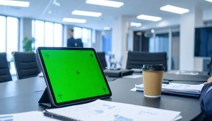 Meeting room presentation Tablet with green screen mockup for screen replacement, device branding, and billboard advertising