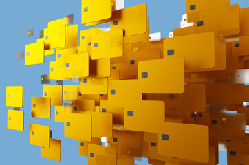 Large group of gold credit cards on blue background. 3d rendering illustration