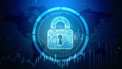 Digital Security Lock with World Map and Financial Chart in Blue Tones