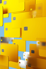 Large group of gold credit cards on blue background. 3d rendering illustration