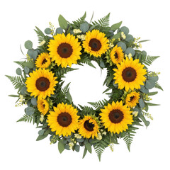 Sunflower wreath with green foliage isolated on transparent background