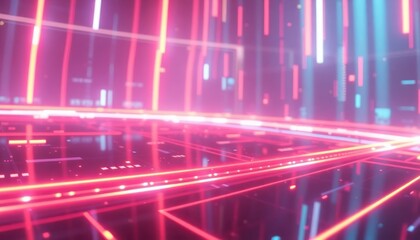 Fototapeta premium Abstract digital landscape with glowing neon lines representing data flow, network connectivity, and futuristic technology concepts.