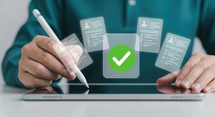 Person Using Stylus on Tablet with Digital Checkmarks