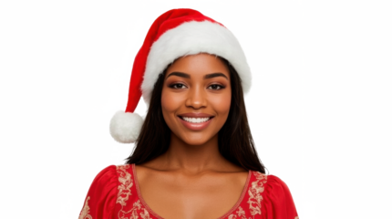 Young African American woman wearing festive dress and Santa hat on transparent png background