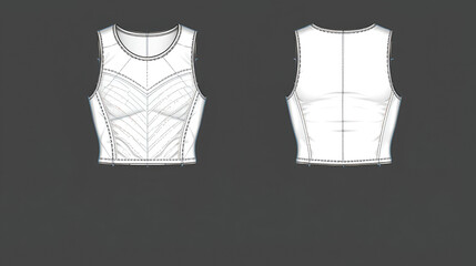 Women's Chevron Stitch Detail, Crop Vest- Technical fashion illustration. Front and back, white colour. Unisex CAD mock-up.