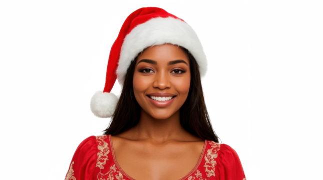 Young African American woman wearing festive dress and Santa hat on transparent png background - Powered by Adobe