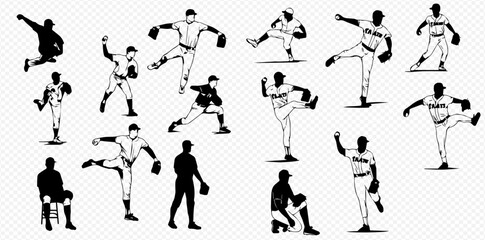 Collection of baseball players in various pitching and fielding poses, depicted as black and white illustrations.