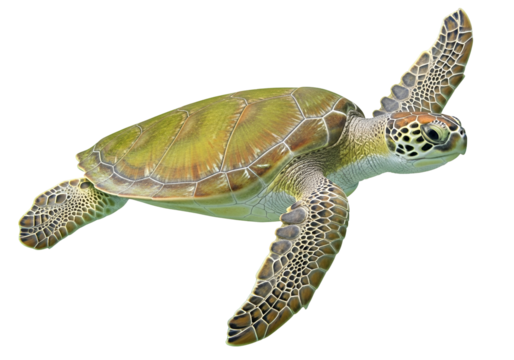A vividly colored sea turtle, gracefully swimming against a black backdrop, showcases its intricate shell patterns and flippers.