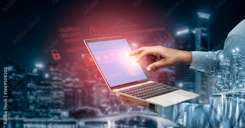 Poster password security breach warning with red asterisk box, cybersecurity alert, lock icons, and critica