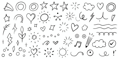Collection of hand-drawn doodle icons and symbols on white hand drawn drawing
