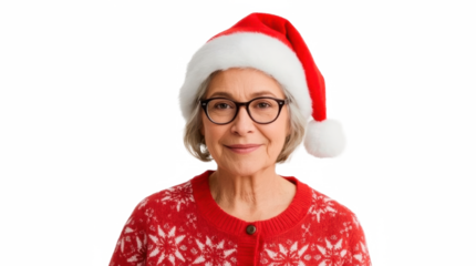 Elderly woman in Santa hat and holiday cardigan on transparent png background