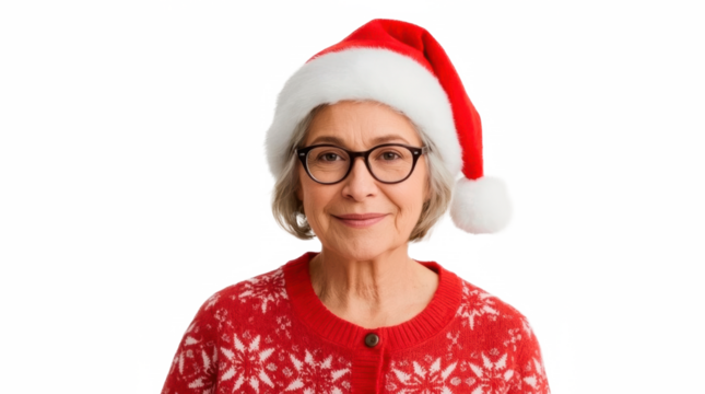 Elderly woman in Santa hat and holiday cardigan on transparent png background
