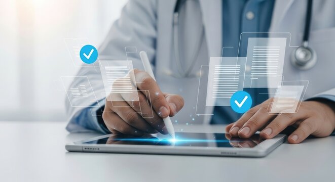 Physician signing digital document on tablet with medical icons