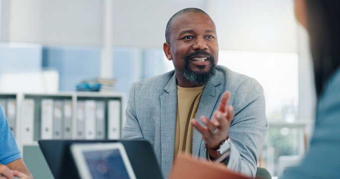 Meeting, business and man talk in office for accounting, finance policy and budget review. People, team feedback and laptop for financial report, tax preparation and audit process of company proposal - Powered by Adobe