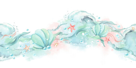 Watercolor seamless border in sea style. Wavy design with seaweed, seashell, stars and bubbles. Turquoise pink color illustration isolated from background marine world. Children wallpaper, textile.